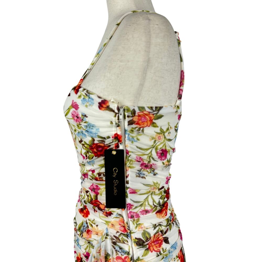 CITY STUDIO FLORAL RUCHED MESH BODYCON DRESS IN CREAM NWT JUNIORS SIZE 5/6 - Picture 9 of 15